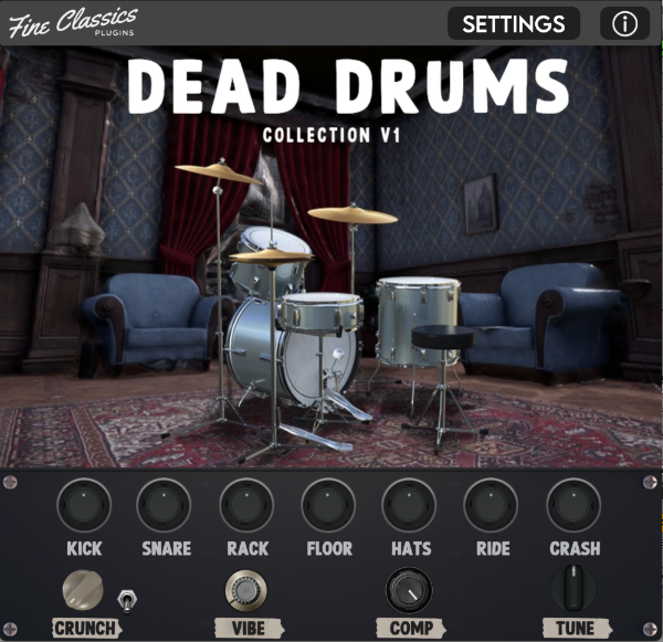 Drum software interface with 'Dead Drums Collection V1' and various drum sound controls.